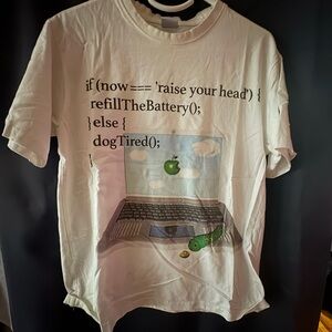 White Graphic T-Shirt with Code and Laptop Design